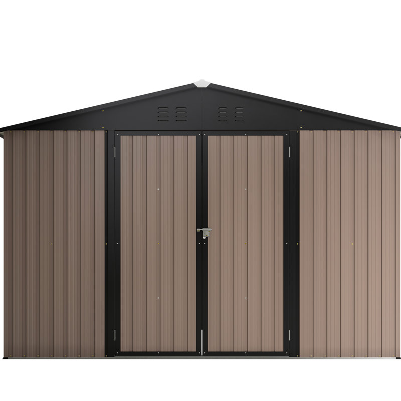 Metal Storage Shed 10' X 10', Brown, Lockable, Ventilated For Garden Tools & Equipment Outdoor Shed, Patio, Brown