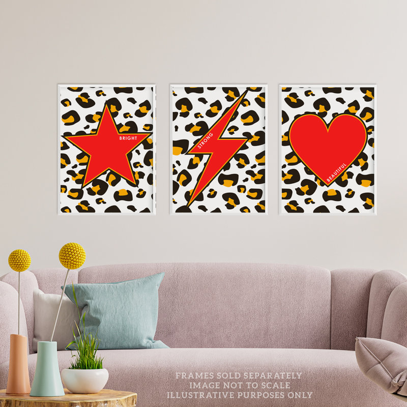 Leopard Pattern Motivational Beautiful Strong Bright Heart Star - 3 Piece No Frame Print Set, Multicoloured Red