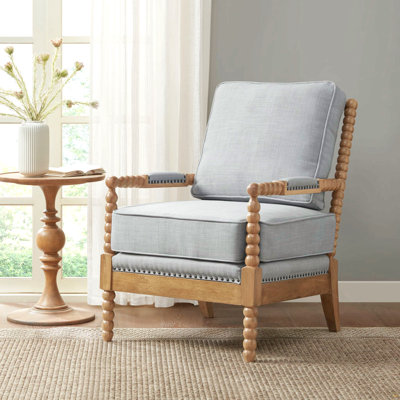 Fauteuil d'appoint - Tissu bleu cendré, base en bois de chêne brun clair, coussin de siège amovible, revêtement de fauteuil, ornements en bronze, fabrication solide