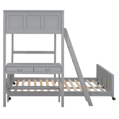 Gray Twin Over Full Bunk Bed With Work Desk - Solid Wood & Framework For Productivity Desk, Elegance Bedroom Luxury