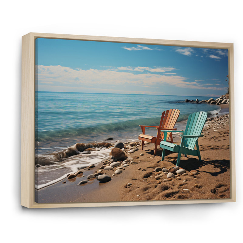 Chaises de plage bleu sarcelle et orange sur toile, Cadre naturel flottant, H 34 po x l 44 po x P 1,5 po