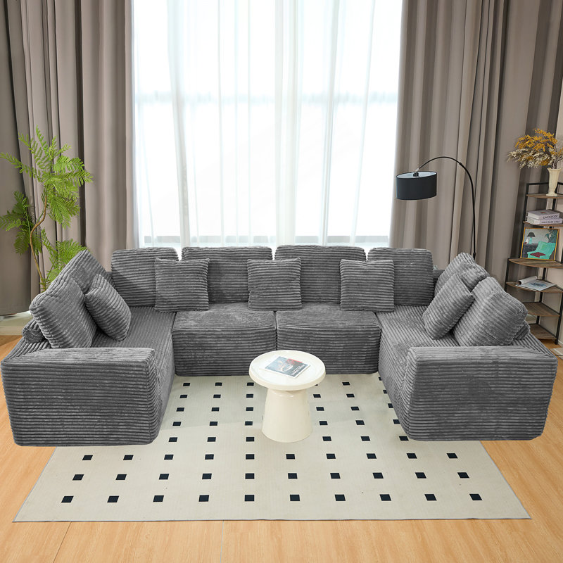 Canapé modulaire en forme de U de 135,5 pouces, méridienne 6 places avec design réversible, Polyester gris foncé