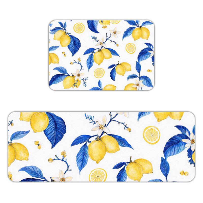Ensemble de 2 tapis de cuisine antidérapants à motif de feuilles bleues et citron