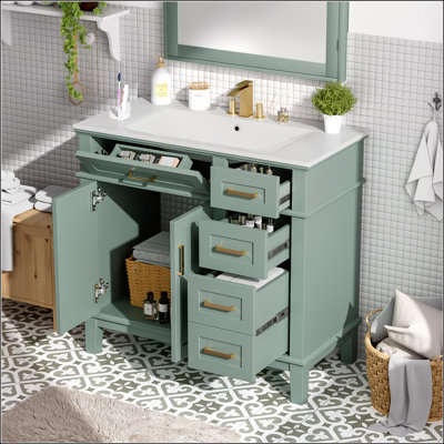 Meuble-lavabo moderne blanc 36 po avec lavabo en céramique, portes à fermeture douce et 4 tiroirs de rangement pour un design élégant et fonctionnel