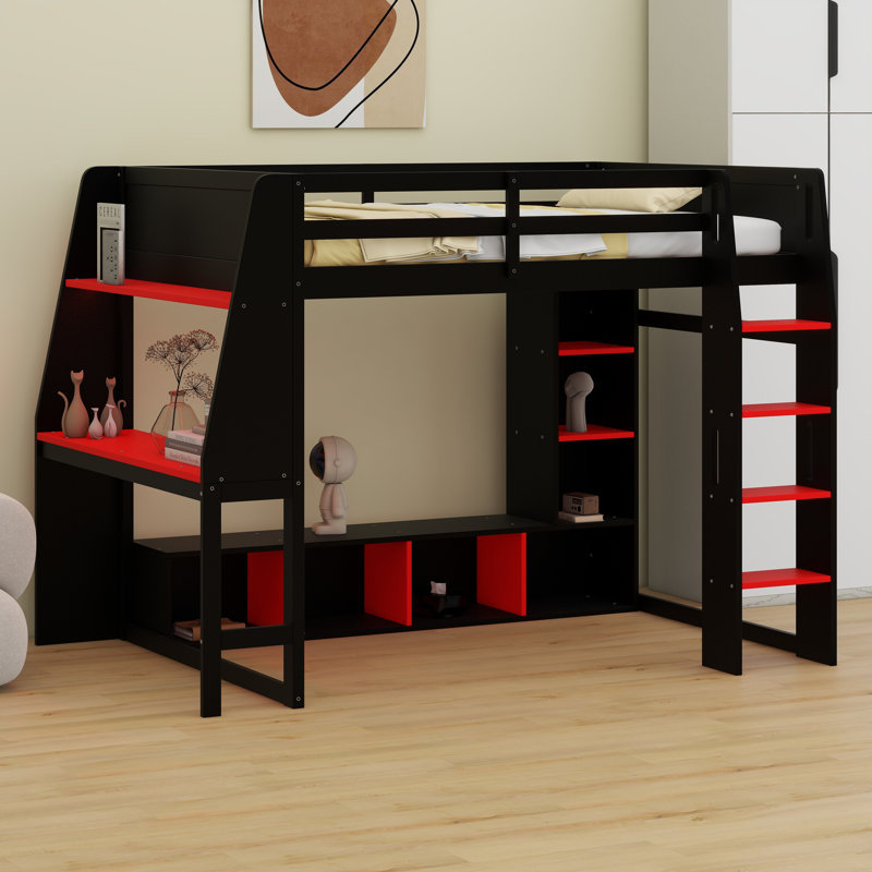 Gaming Loft Bed With Desk, Multi-Storage Shelves