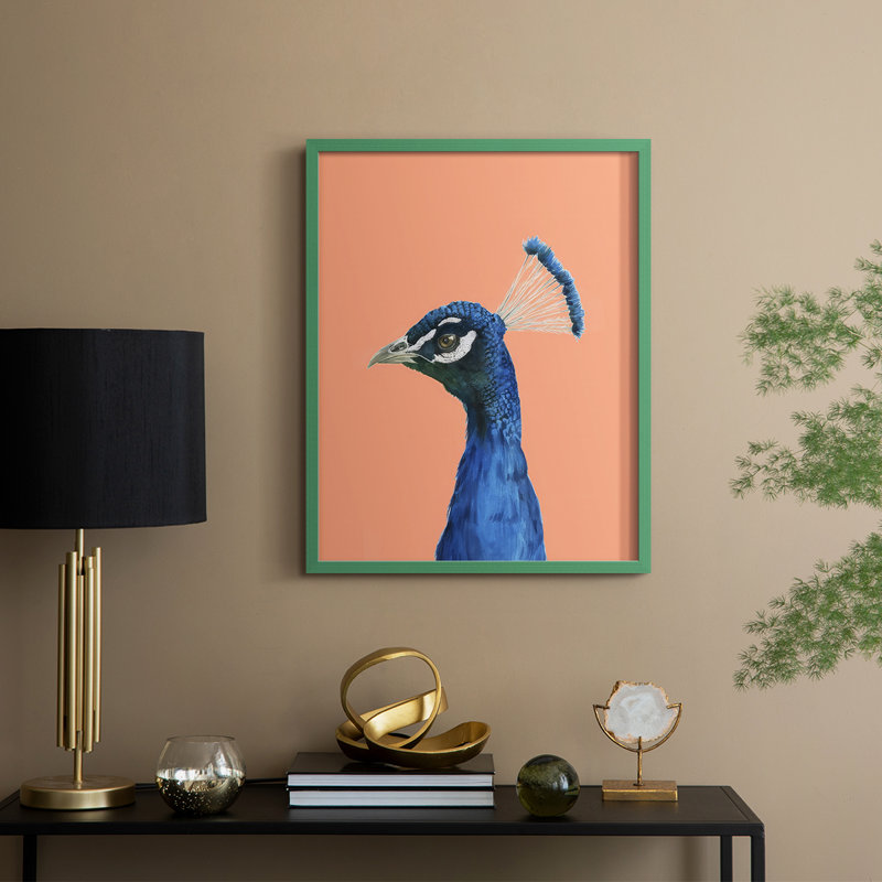 Peach Peacock Portrait II Framed Print - Solid Wood, H 15 po x l 12 po, Vert