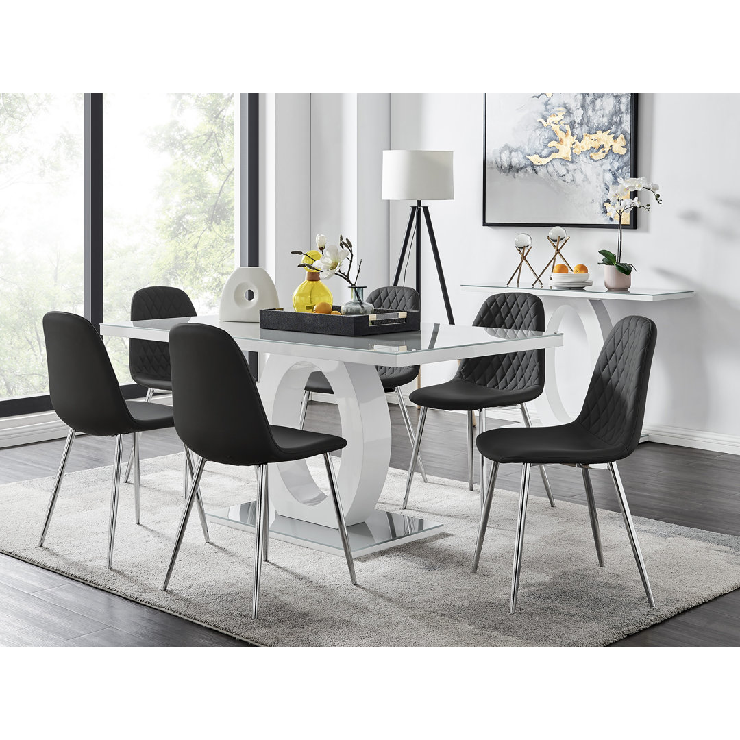 Scottsmoor Modern High Gloss Halo 6 Seater Dining Table Set with Luxury Faux Leather Dining Chairs East Urban Home Chair 
