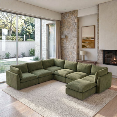 7 Piece U-Shaped Modern Upholstered Modular Sectional Sofa With Deep Seating