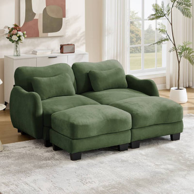 Chenille  Loveseat with 2 Movable Ottoman (Green)