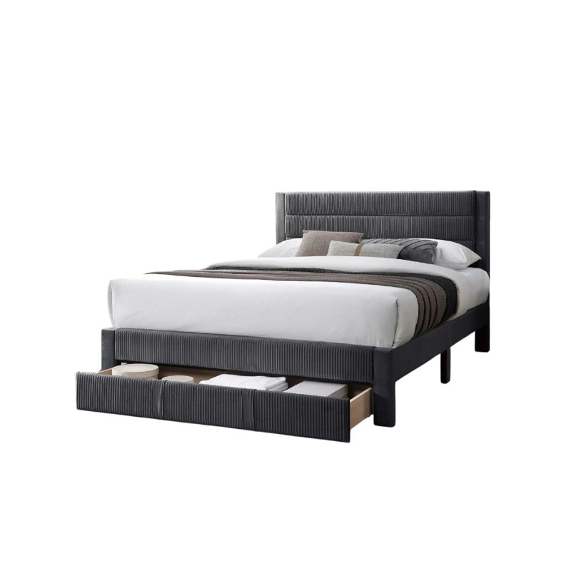 Daisy Full Bed W Drawer, Charcoal Gray Corduroy Upholstery, Foam, Charcoal Gray