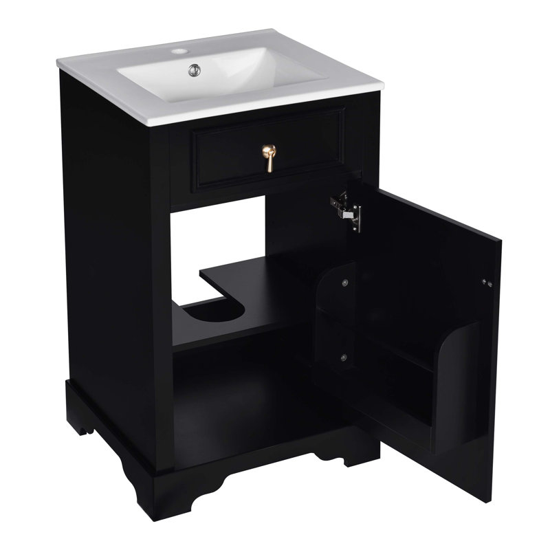 Meuble-lavabo de 20 po avec lavabo en céramique, porte à fermeture douce, tablette réglable, Noir