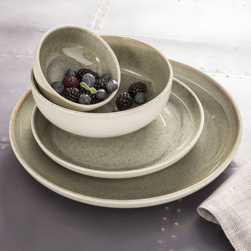 Sango Resona 16-Piece Stoneware Dinnerware Set - Service For 4, Plate And Bowl Set, Moss Green/Cream
