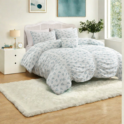 Ensemble de literie ruché bleu, ensemble d'édredon floral simple / simple en microfibre XL