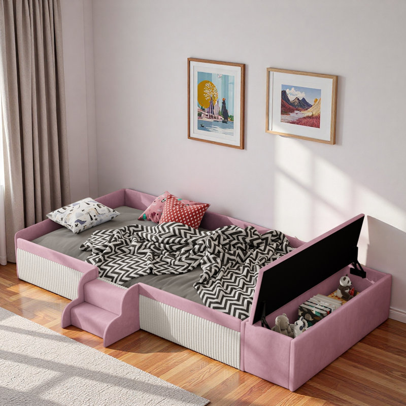Upholstered Daybed With Stairs And Gas Lift Storage Ottoman, Twin, Pink