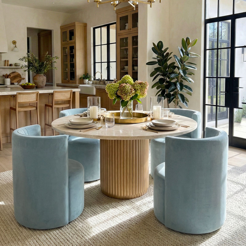 Velvet Upholstered Rolling Dining Chairs with Wheels, Light Blue