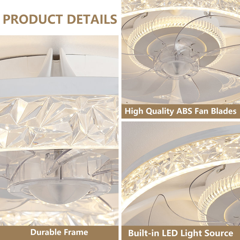 18.9" Low Profile Ceiling Fan With Light, Flush Mount Crystal Ceiling Fan With Remote, 6 Speeds Reversible Quiet Fan Light For Bedroom Living Room