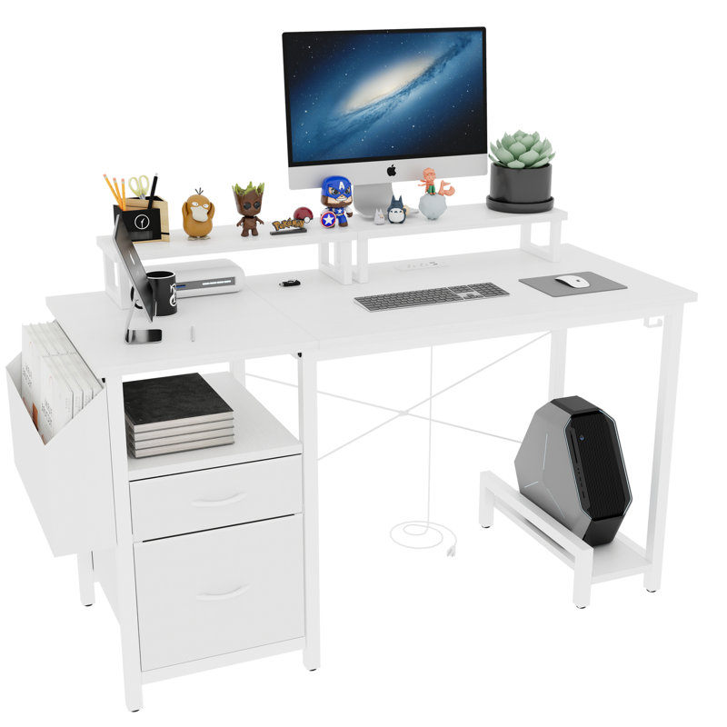47.3" Modern Desk With Power Outlet, 2 Movable Monitor Stands, Drawers, Side Pocket - White Glossy Computer For Home Adjustable Office Holder