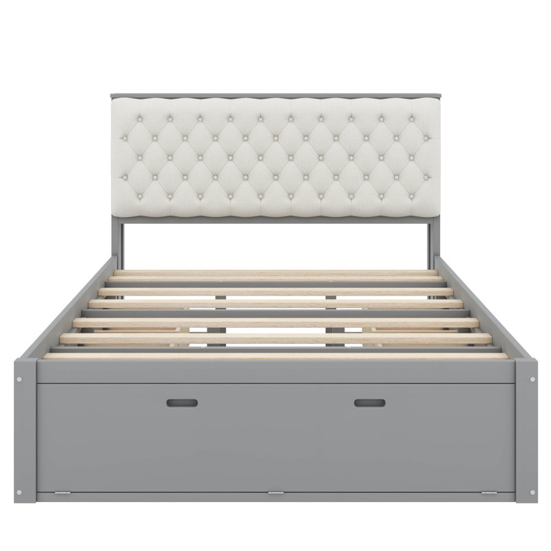 Grand lit plateforme en bois avec tête de lit, Gris