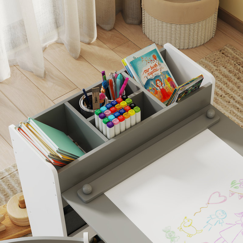 Kids Desk and Chair Set with Paper Roll, Kids Art Table and Chairs Set with Storage Shelves and Drawers, Activity Craft Table for Writing Drawing Aged 3-8 Years Old,wood
