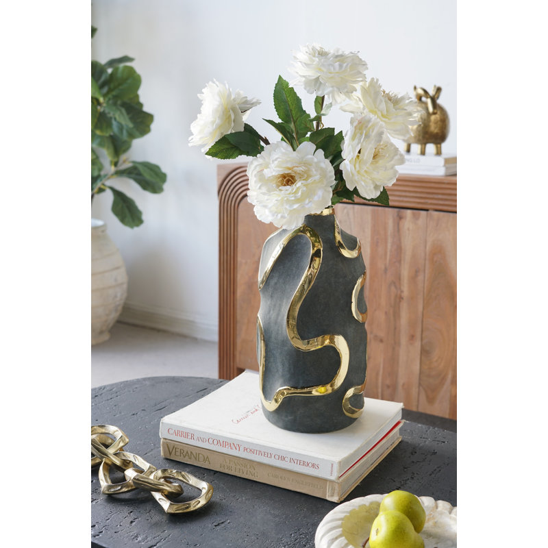 D7x14" Black Ceramic Vase With Abstract Gold Swirl Accents