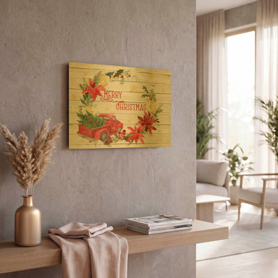 'Red Truck Christmas Wreath' By Jean Plout Gold Metal Wall Art, 16" x 12"