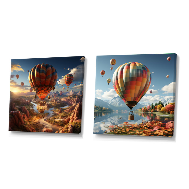 Une représentation d'art fantastique de montgolfières - ensemble de 2 montgolfières carrées, Toile tendue, H 16 po x l 33 po