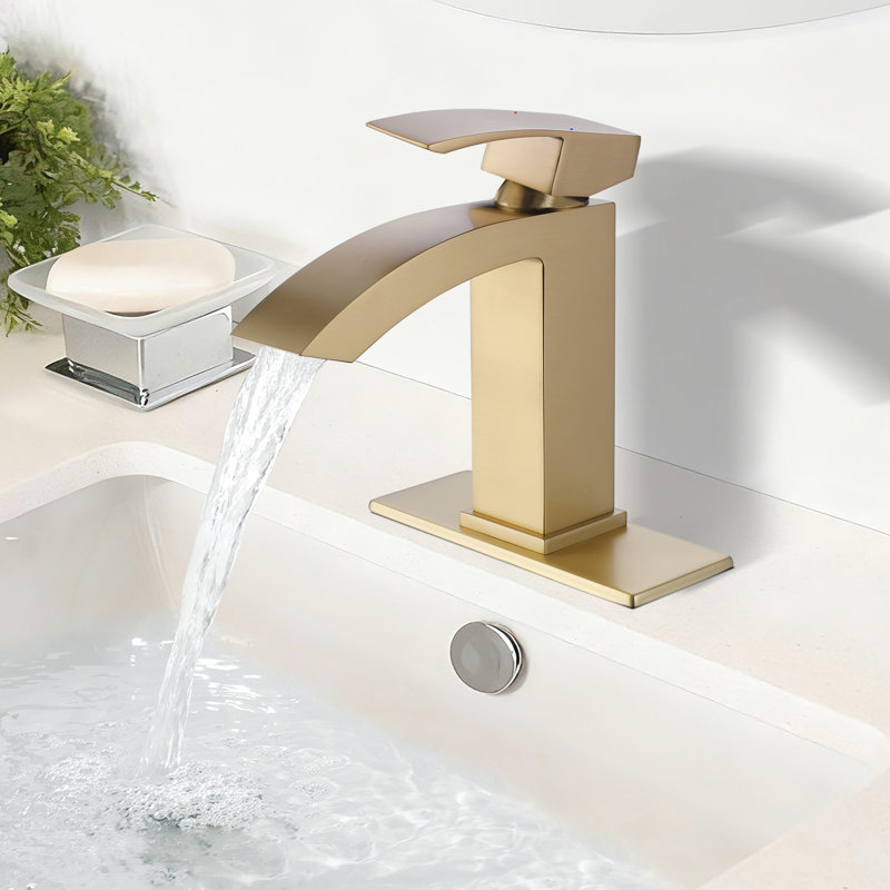 Robinet de lavabo de salle de bain moderne à un trou à poignée simple avec drain optionnel, Or brossé, Sans bonde