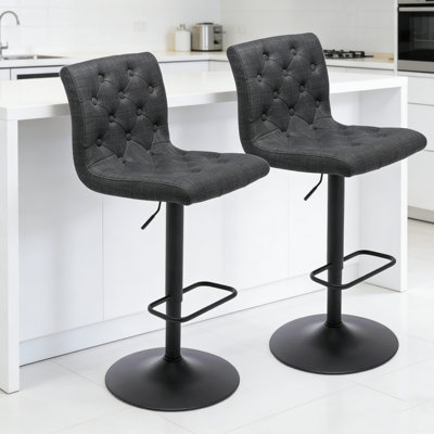 Tufted Fabric Bar Stools Set of 2, Adjustable Swivel Counter Height Barstools with Back, Upholstered Armless Airlift Bar Chairs for Kitchen Dining Cafe