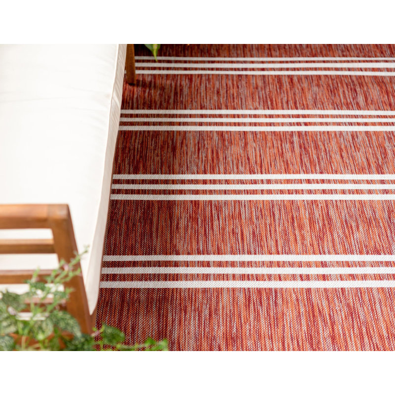Rust Red and Ivory Striped Outdoor Synthetic Rug, 8' x 10'