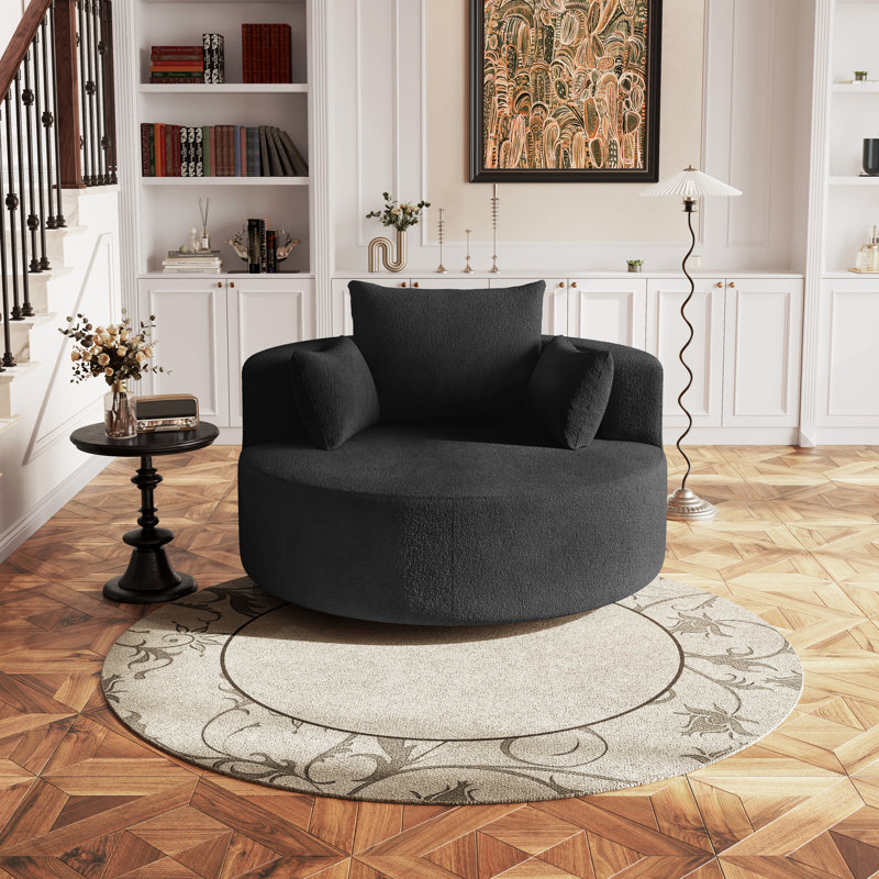 Oversized Chenille Round Accent Chair With Wide Seat, 360° Swivel Base, And Throw Pillows Included, Black Boucle