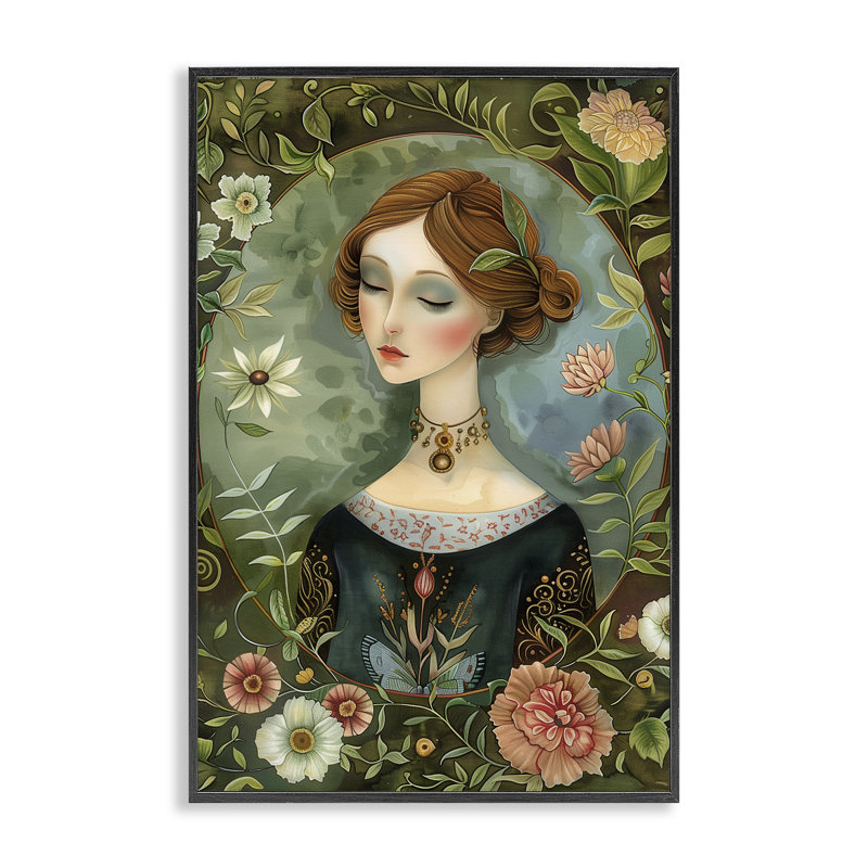 Estampe florale victorienne encadrée, design par The Dutch Lady, H 18 po x l 12 po, Giclée encadrée noir minuit