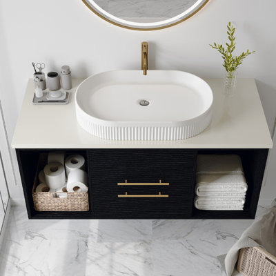 Meuble-lavabo flottant de 40 po avec lavabo ovale en céramique, comptoir en bois massif multicouche, tablette ouverte, pour comptoir de salle de bain de petite taille 40 po, armoire, tiroirs à fermeture en douceur, appartements urbains