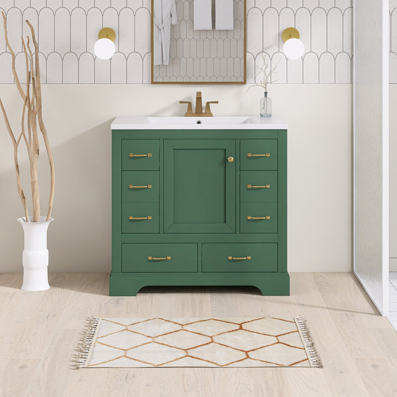 Ensemble de meuble-lavabo autoportant 36 po avec comptoir en céramique 36 po, Vert / or