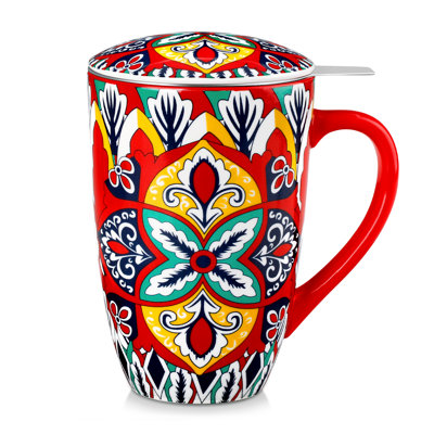 vancasso 16 oz Bohemian Ceramic Tea Mug with Stainless Steel Infuser & Lid, Floral Decal Tea Cup, 6 Assorted Patterns, Microwave, Dishwasher & Oven Safe
