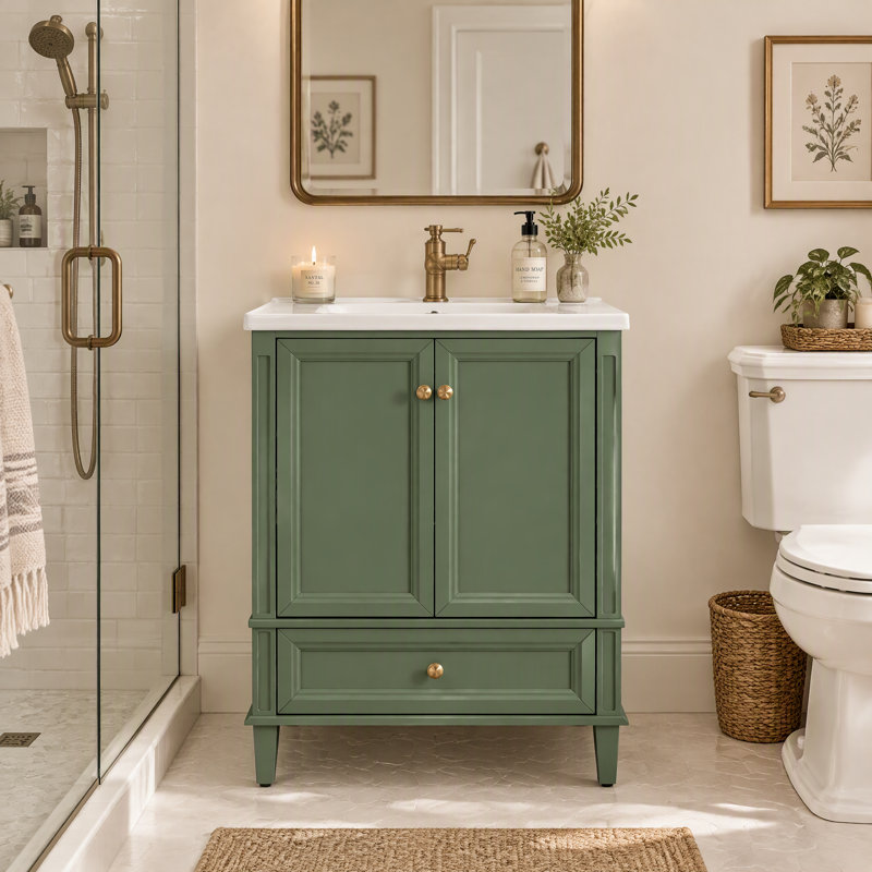 Meuble-lavabo moderne autoportant de 71 cm (28 po) avec lavabo, tiroir de rangement et tablettes de rangement dissimulées