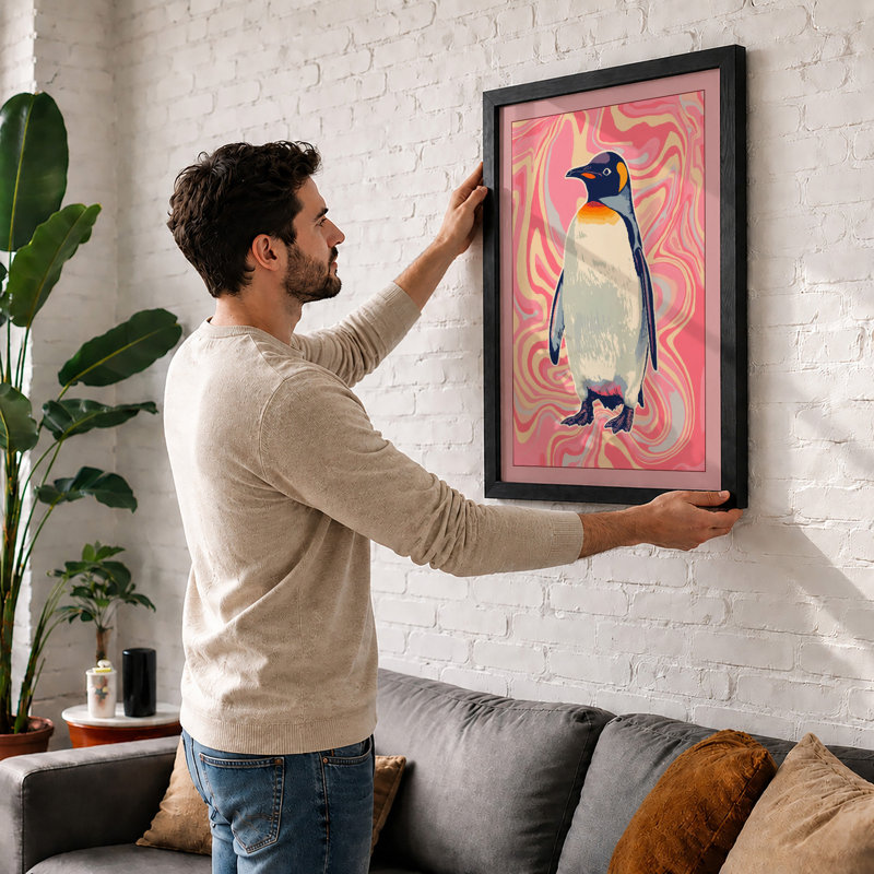 Penguin in Psychedelia Eclectic - Framed Print, A2 - 59.4 x 42.0 cm, White
