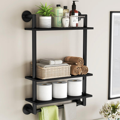 Étagère de salle de bain murale, tablette de salle de bain noire à 3 niveaux avec barre à serviettes, porte-serviettes flottant en acier inoxydable de 26 po au-dessus de la toilette