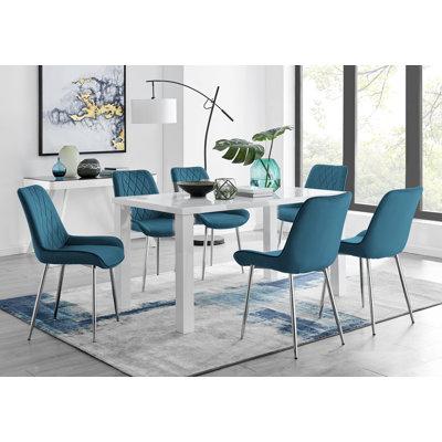 Pivero 6 Grey Dining Table And 6 Blue Pesaro Black Leg Chairs