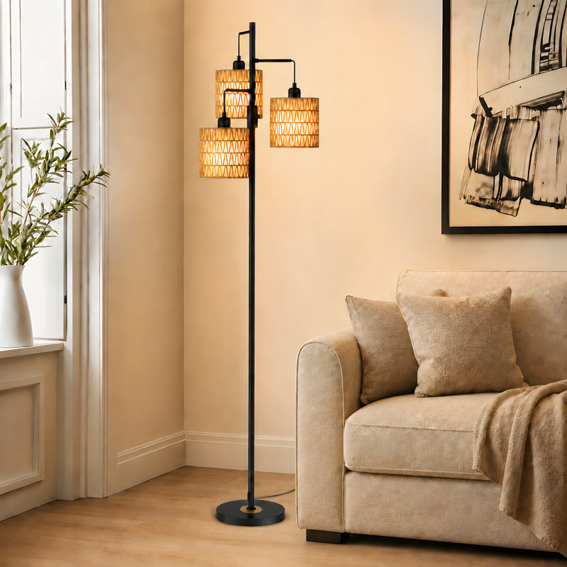 Barbetta Rattan Tree Floor Lamp With 3 Bulbs Included and Double Shade