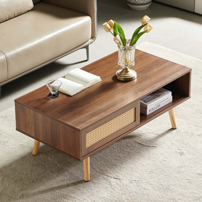 Table basse en rotin PE avec rangement à porte coulissante et pieds en bois massif - noyer, 41,34 po
