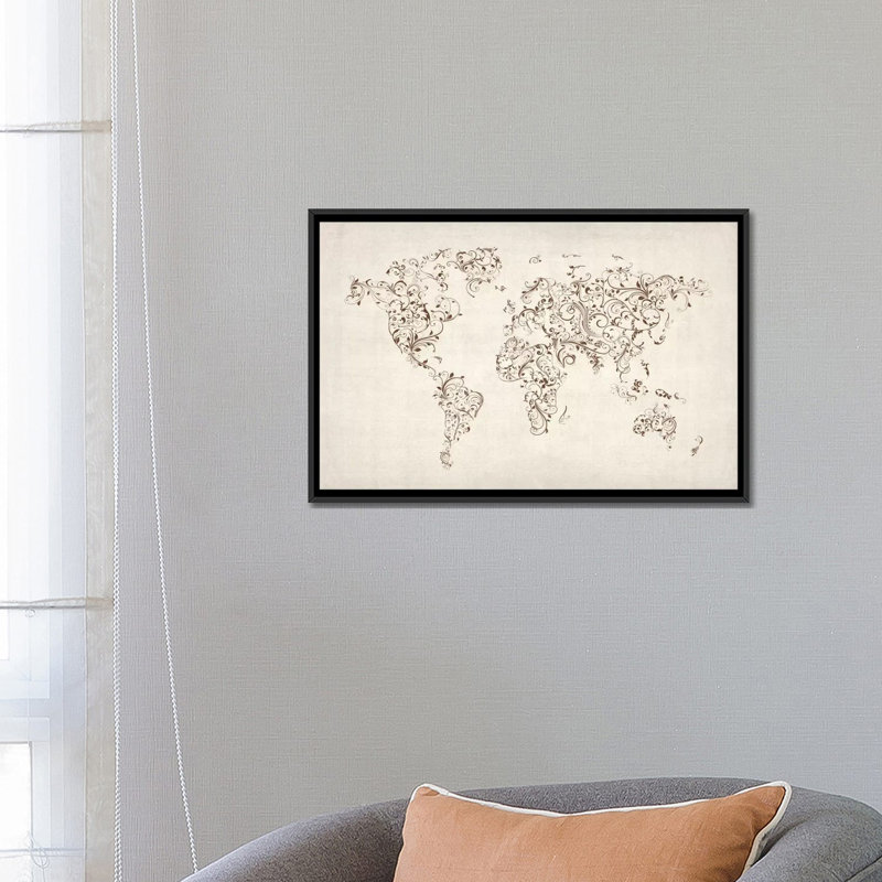 " Map of The World Map Floral Swirls " by Michael Tompsett, 18" H x 26" W x 1.5" D, Black Floater Framed Canvas, No Mat