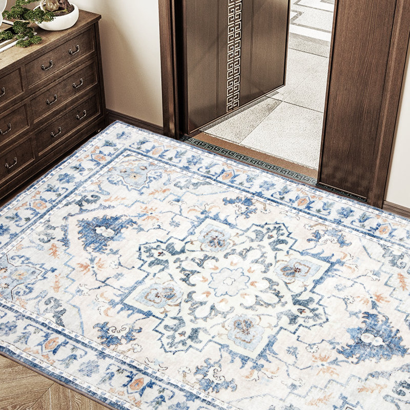 Machine Washable Area Rug, Oriental Ivory/Blue Area Rug With Non-Slip Backing For High Traffic Area, Ideal For Bedroom, Living Room, Hallway And Entryway