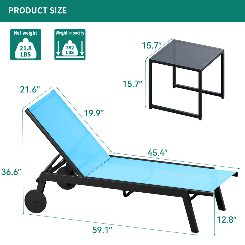 65.3" Long Reclining Double Chaise with Table, Blue