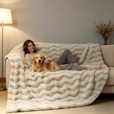 Faux Rabbit Fur & Flannel Weighted Throw Blanket, Ultra Soft & Cozy for Bedroom Living Room Décor 