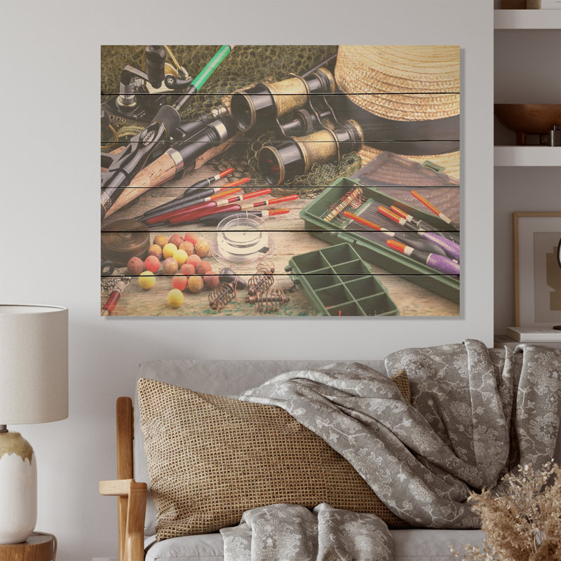 Fishing Supplies Layout - Hunting & Fishing Wood Panel Wall Art On Natural Pine Wood, 24" H x 32" W