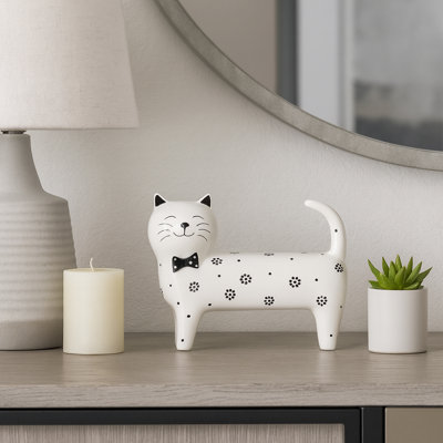 Decorative Ceramic Cat Sculpture Figurine with Bowtie for Home Decor - Unique Object Statue for Table, or Living Room Decoration