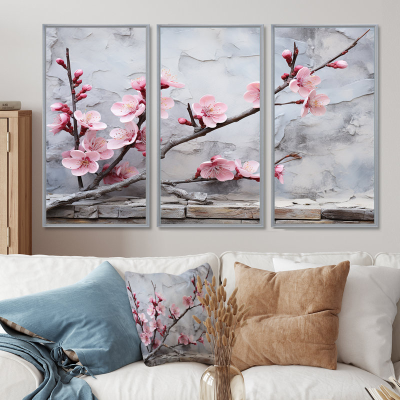 Fleurs de cerisier rose fin de l'hiver - art mural cerisier en fleurs, H 28 po x l 36 po, Encadrement argenté