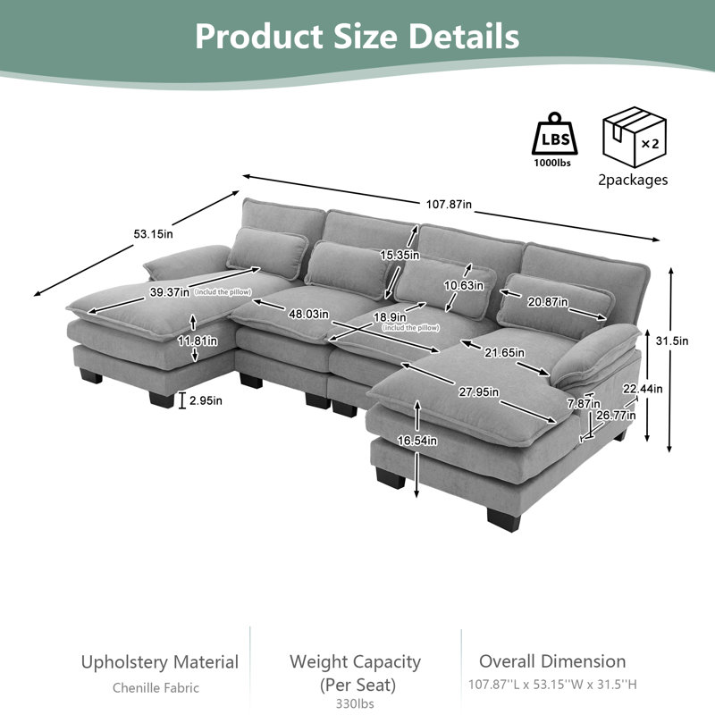 CloudHaven 110" U-Shaped Cloud Sectional Sofa Chenille Modular Couch with Double Chaise and Memory Foam, 4-Seat Sleeper Sofa for Living Room & Apartments