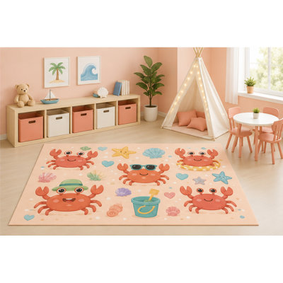 Tapis de plage crabe mignon de 5 pi x 7 pi «Ultra Léger» pour chambre d'enfant, chambre de bébé Happy Crabs, coquillages, seau de sable, dessin de l'océan, bande antidérapante en silicone