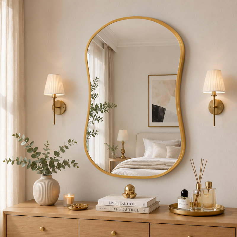 Miroir mural contemporain contemporain avec bords concaves pour meuble-lavabo, décoration de salon, 36 po x 26 po, Doré
